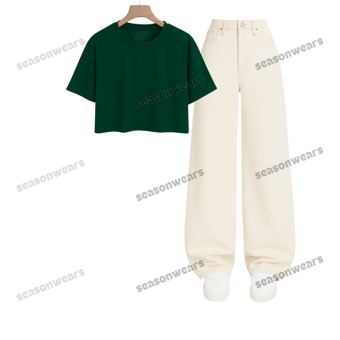 Crop Tee With Beige Wide Leg Jeans