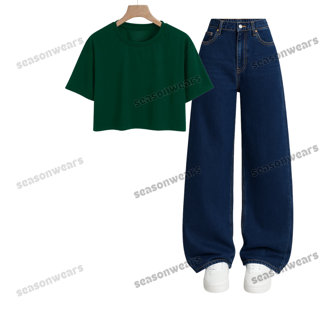 Crop Tee With Darkblue Wide Leg Jeans