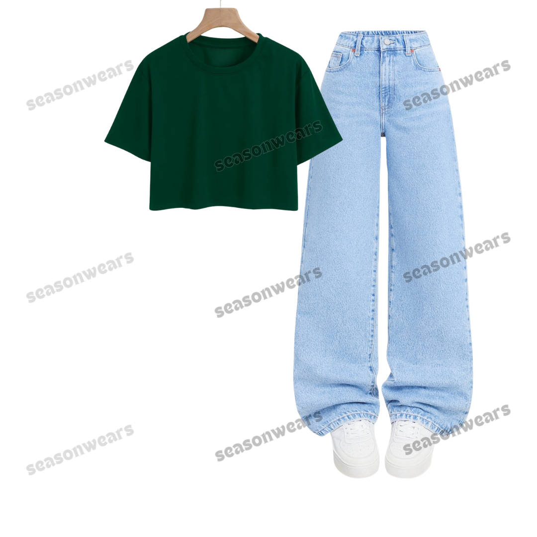 Crop Tee With Iceblue Wide Leg Jeans