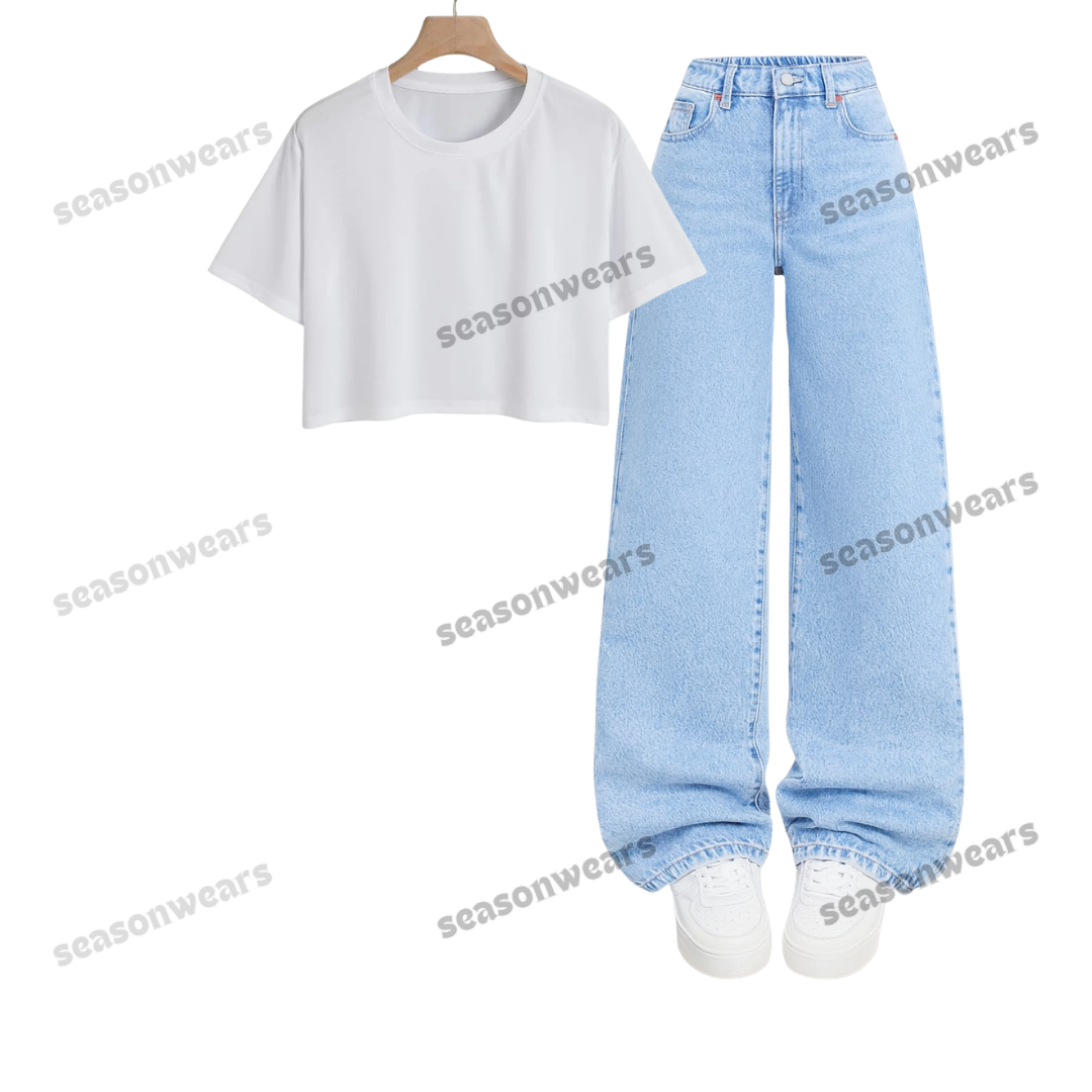 Crop Tee With Iceblue Wide Leg Jeans