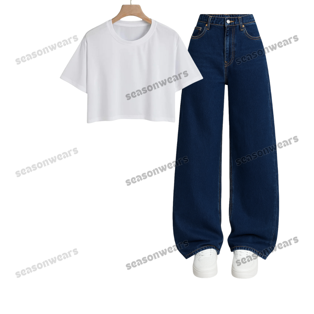 Crop Tee With Darkblue Wide Leg Jeans