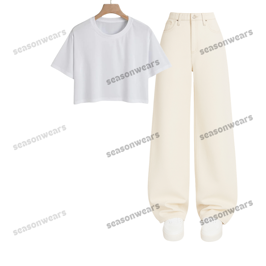 Crop Tee With Beige Wide Leg Jeans