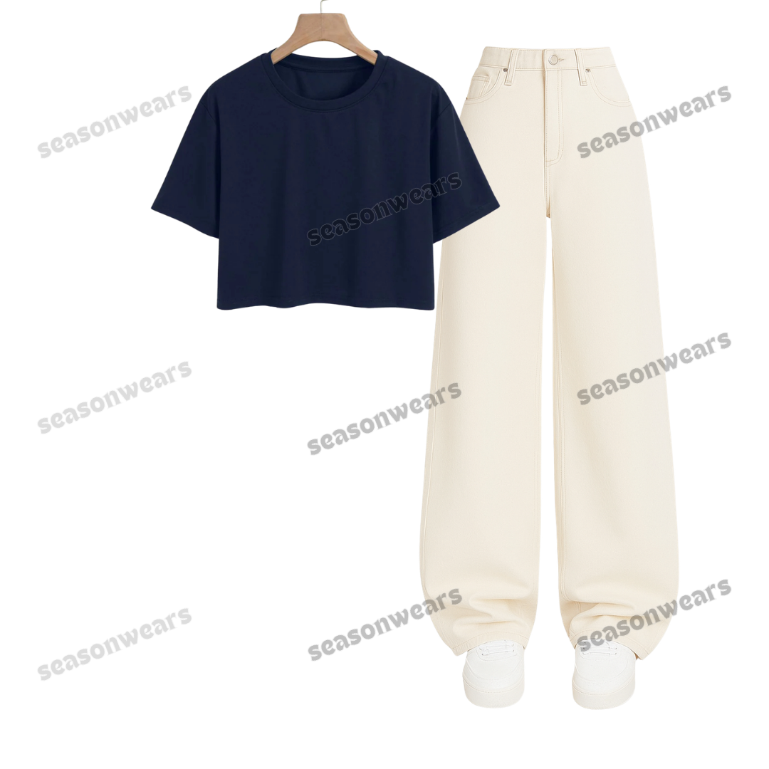 Crop Tee With Beige Wide Leg Jeans