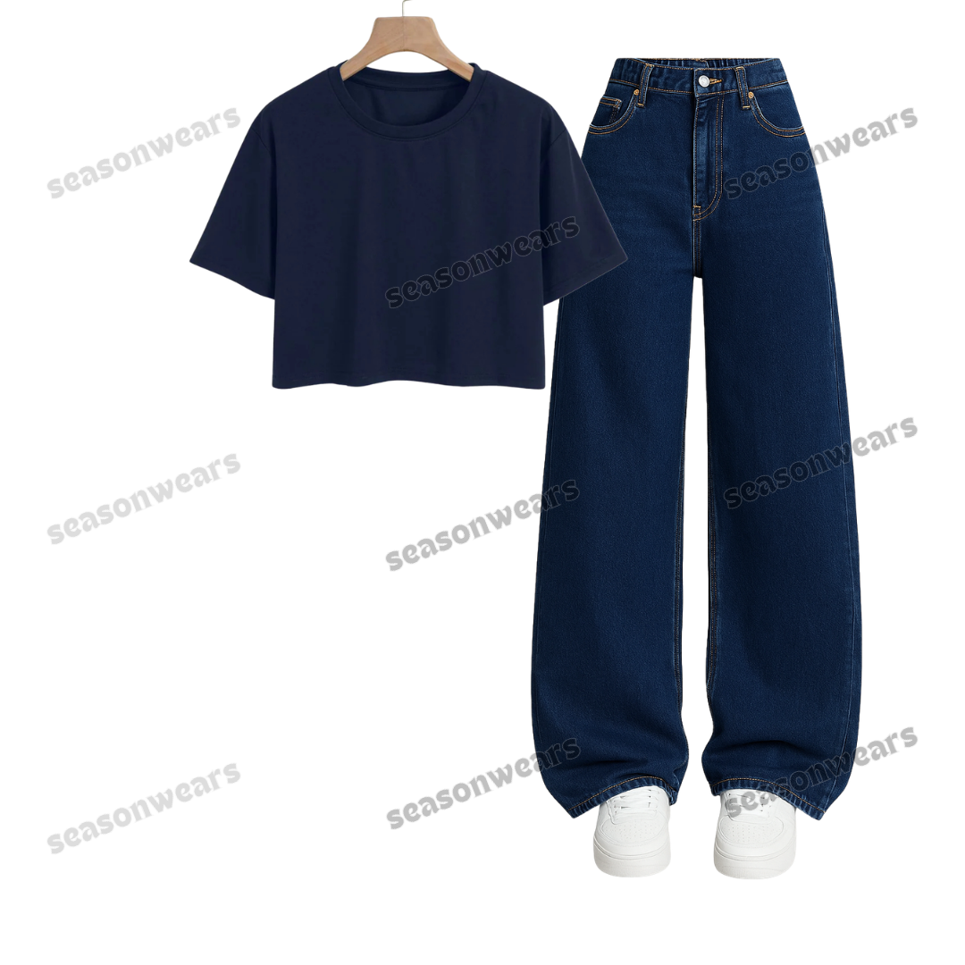 Crop Tee With Darkblue Wide Leg Jeans