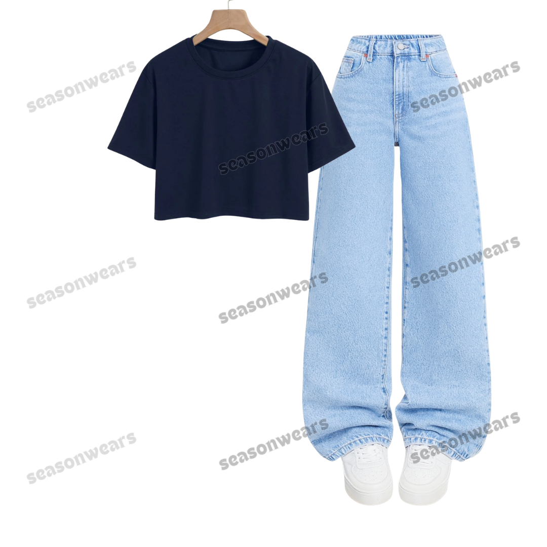 Crop Tee With Iceblue Wide Leg Jeans