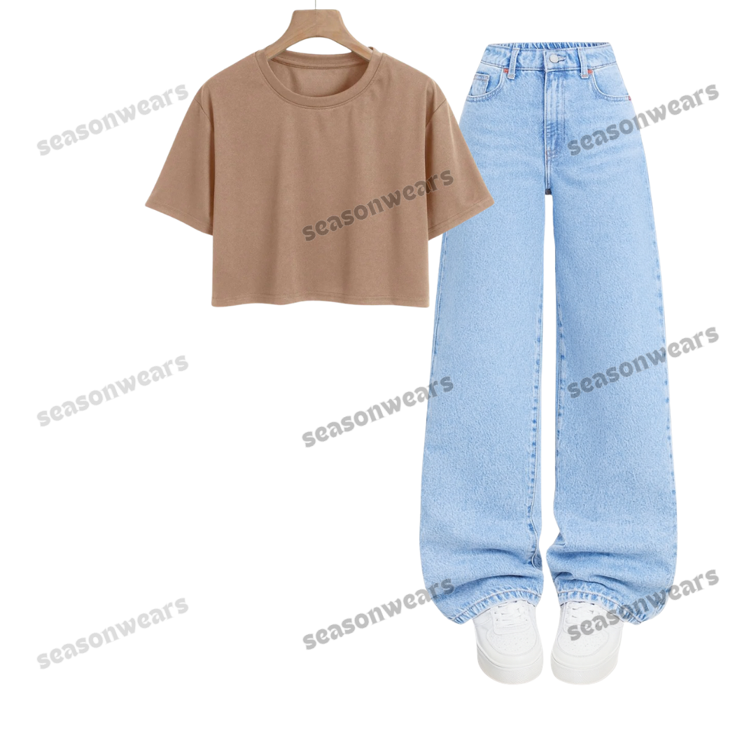 Crop Tee With Iceblue Wide Leg Jeans