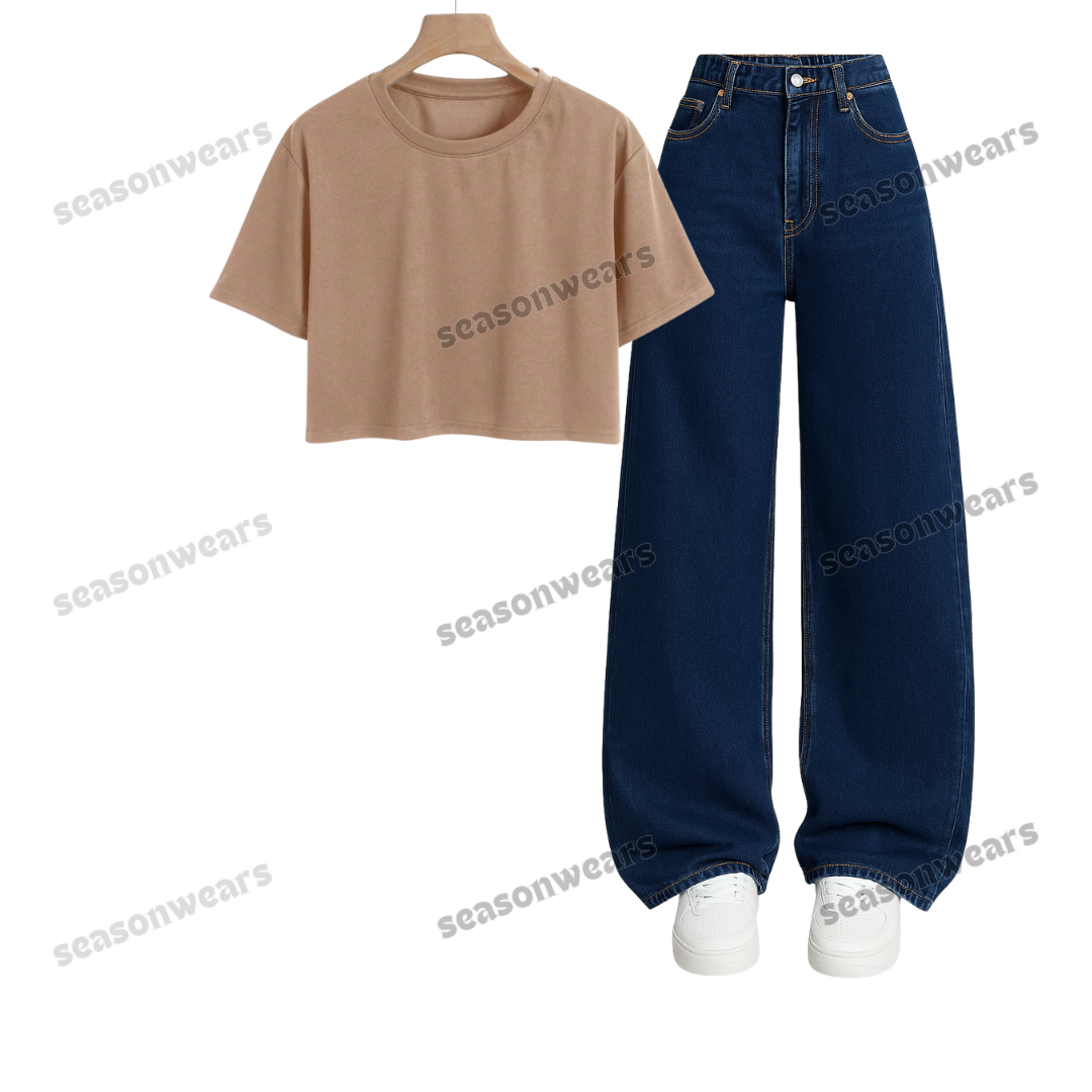 Crop Tee With Darkblue Wide Leg Jeans