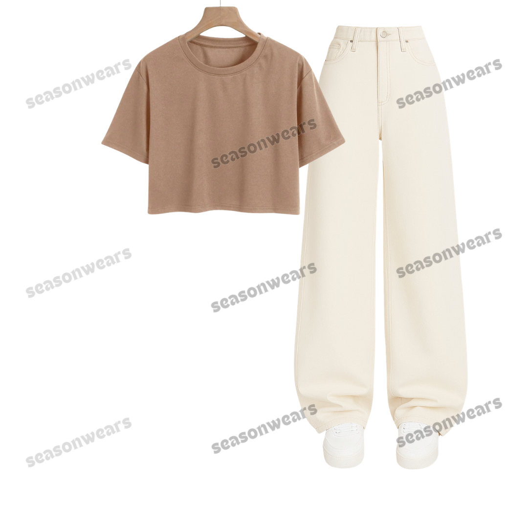 Crop Tee With Beige Wide Leg Jeans