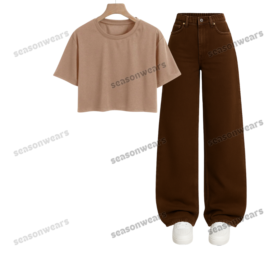 Crop Tee With Brown Wide Leg Jeans