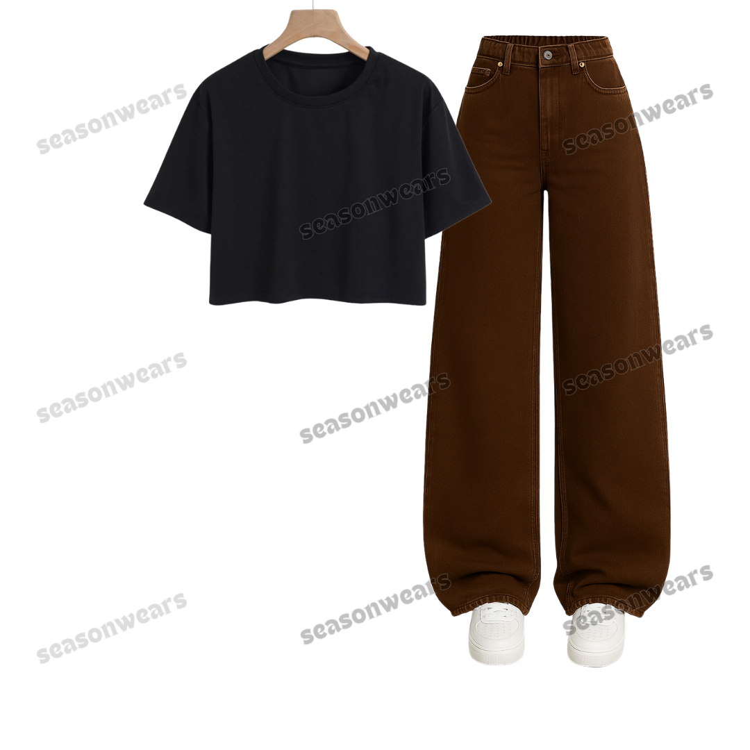 Crop Tee With Brown Wide Leg Jeans