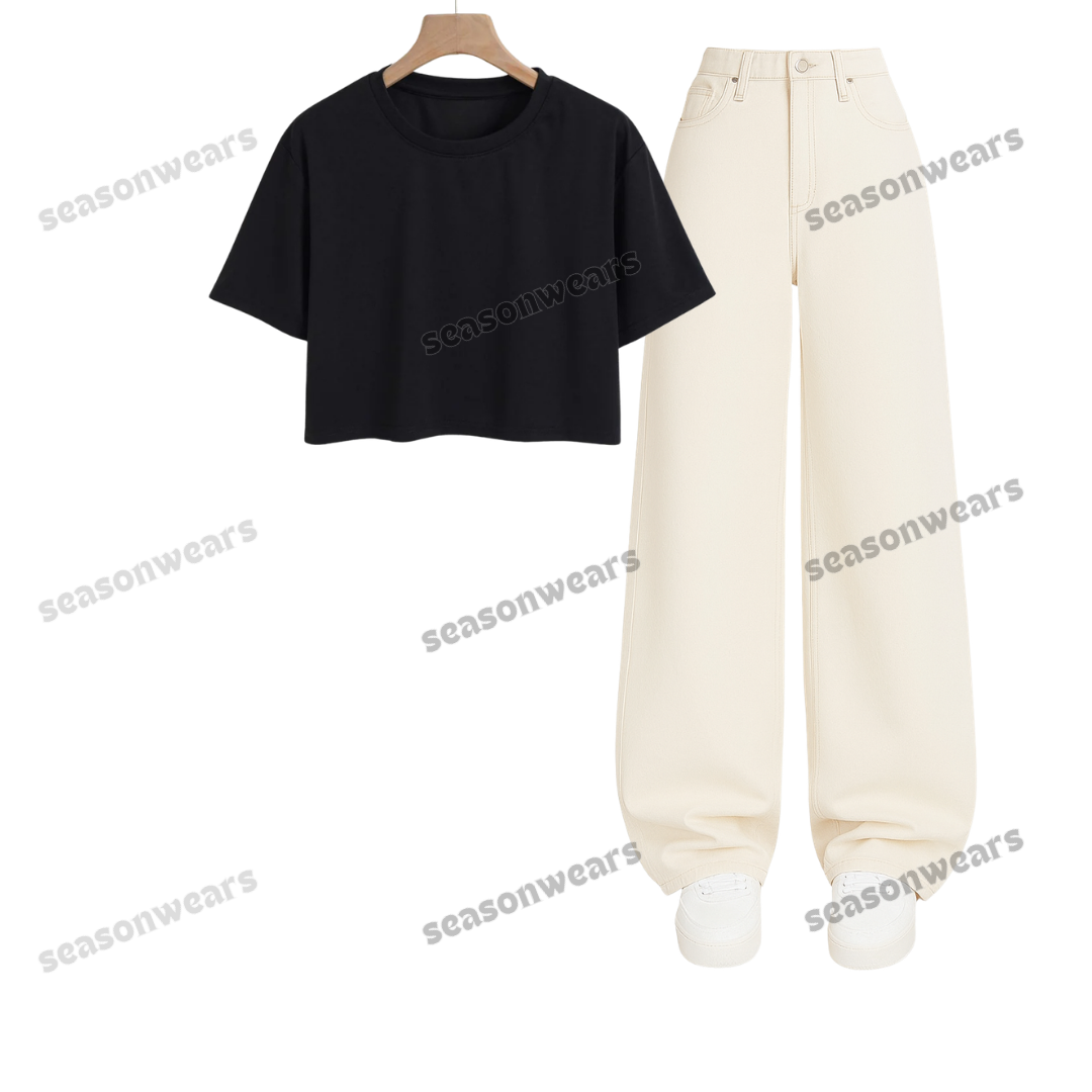 Crop Tee With Beige Wide Leg Jeans