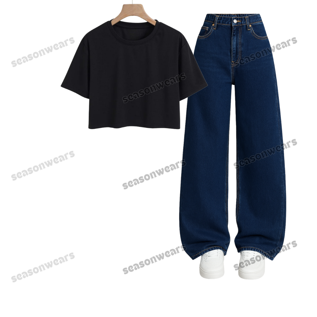 Crop Tee With Darkblue Wide Leg Jeans