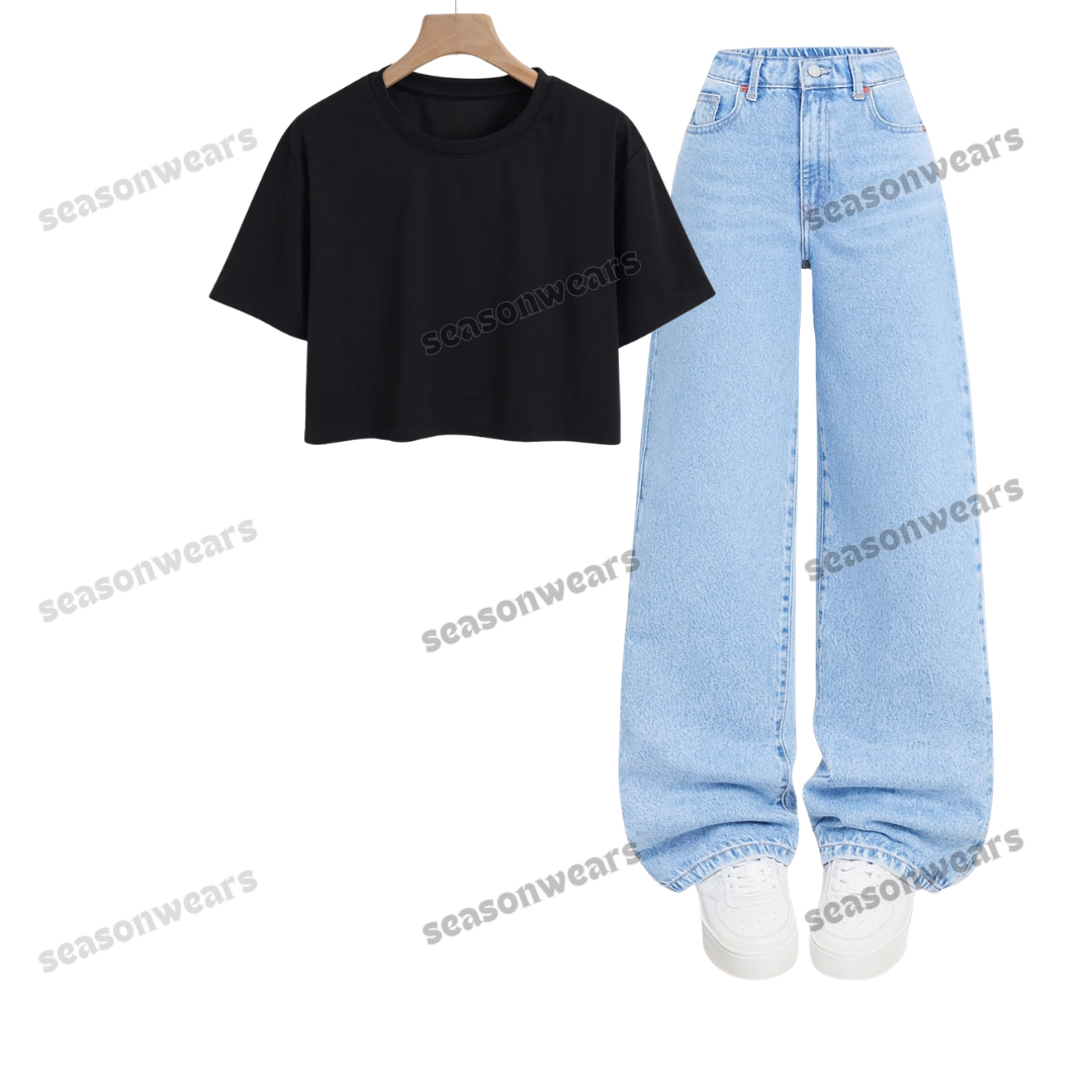 Crop Tee With Iceblue Wide Leg Jeans