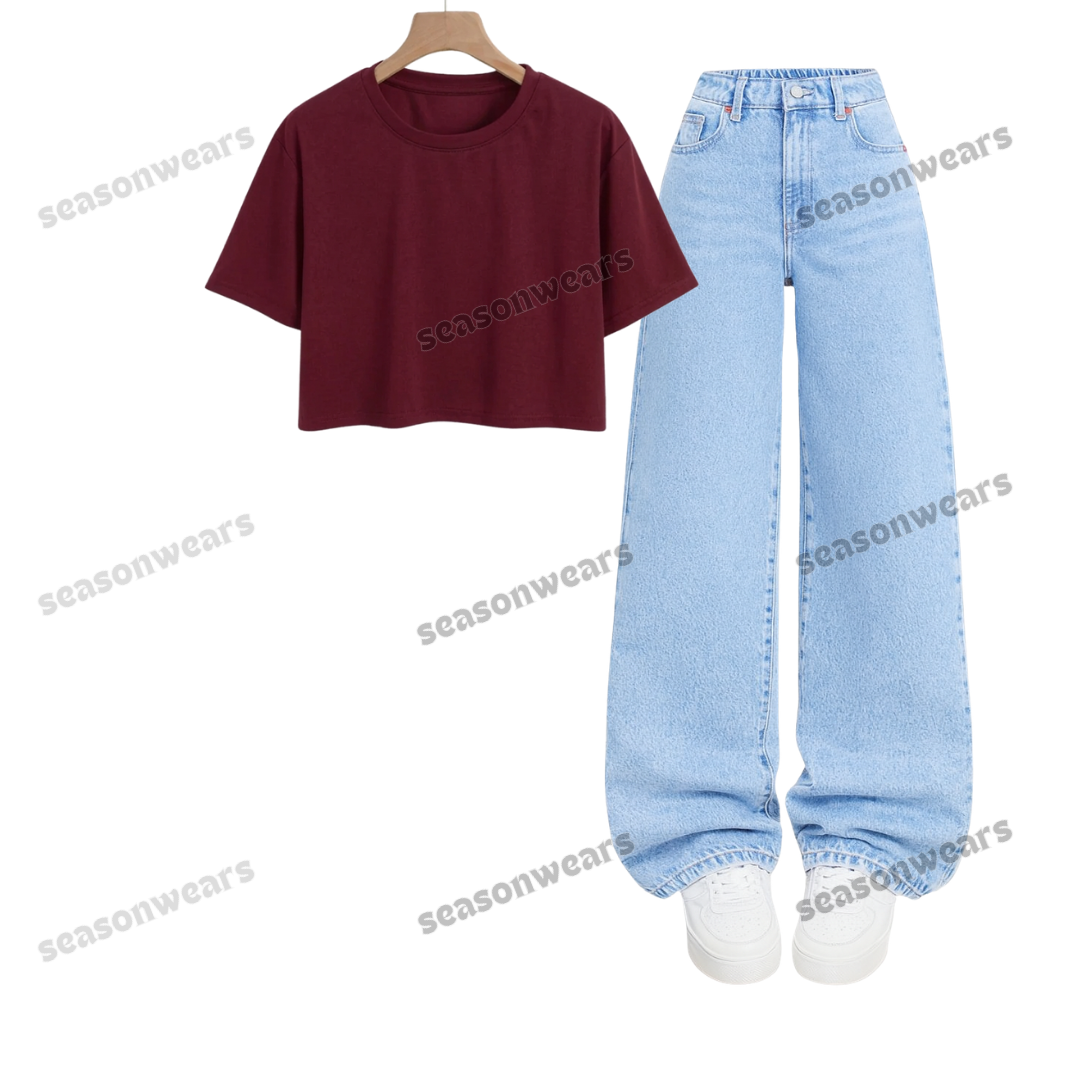 Crop Tee With Iceblue Wide Leg Jeans