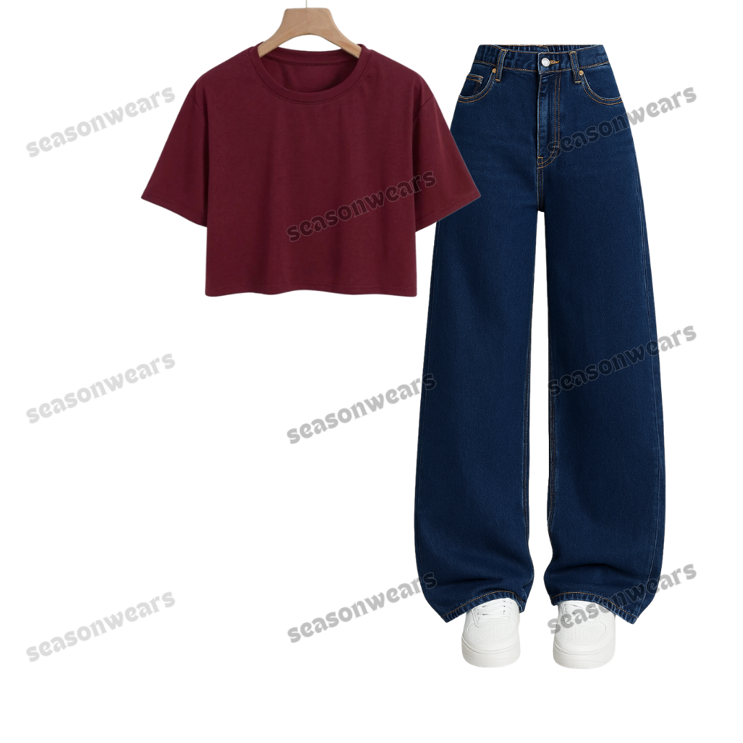 Crop Tee With Darkblue Wide Leg Jeans