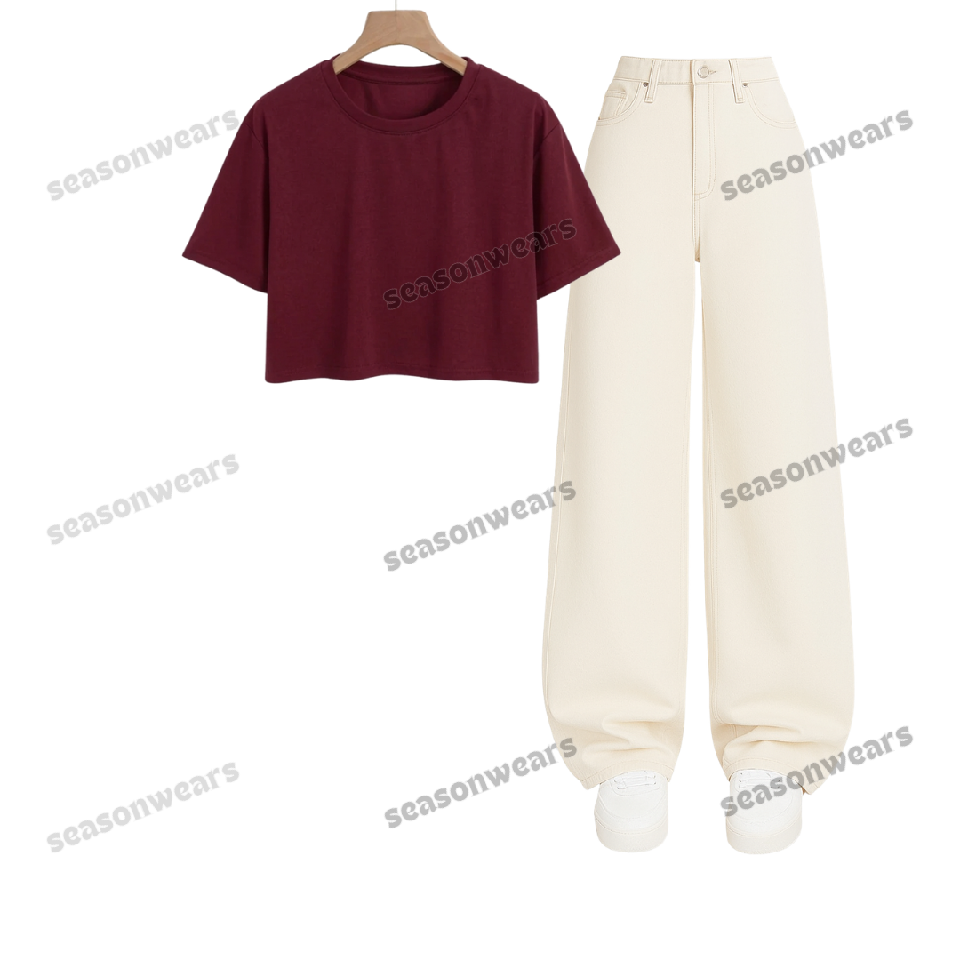 Crop Tee With Beige Wide Leg Jeans