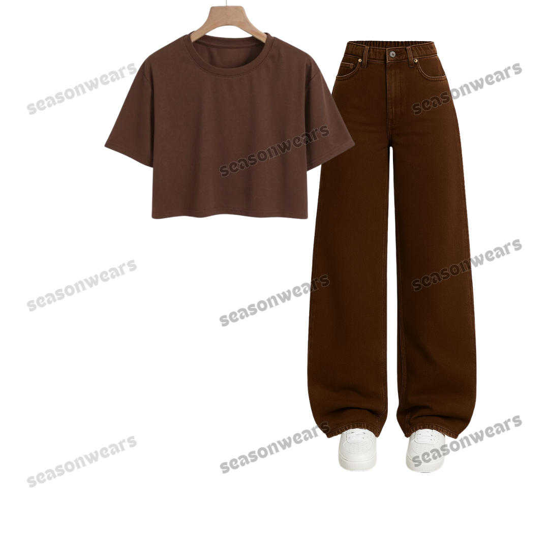 Crop Tee With Brown Wide Leg Jeans