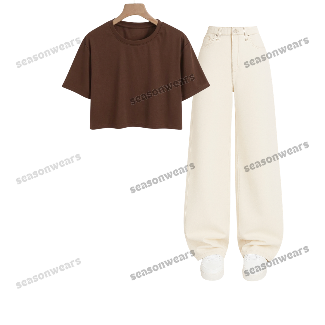 Crop Tee With Beige Wide Leg Jeans