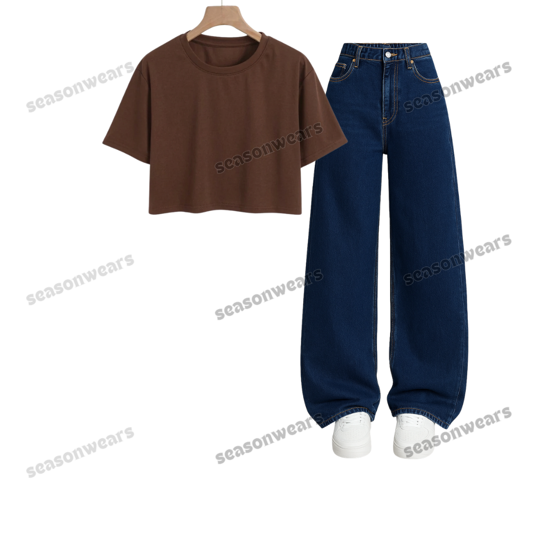 Crop Tee With Darkblue Wide Leg Jeans