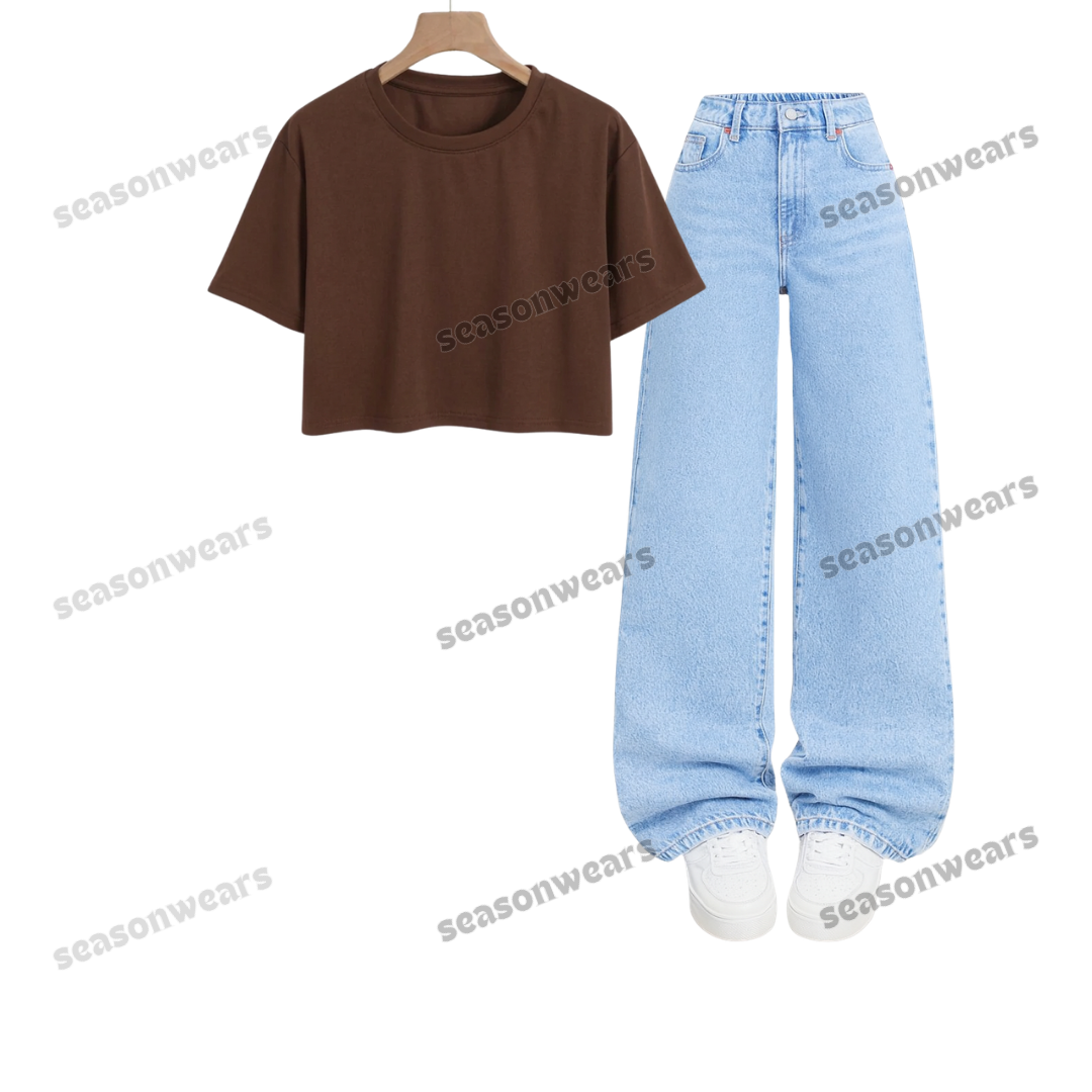 Crop Tee With Iceblue Wide Leg Jeans
