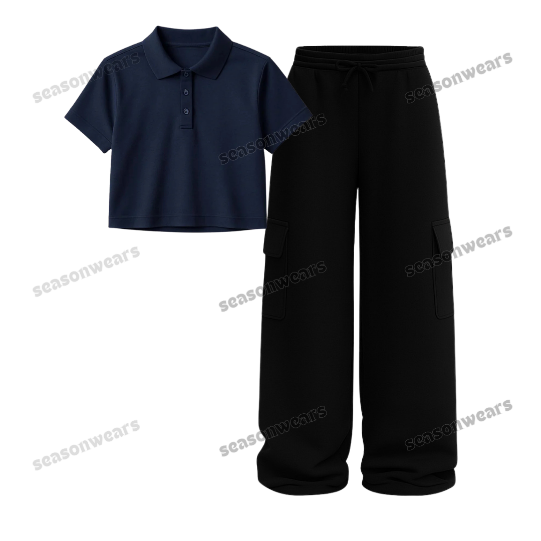 Crop Polo With Black Wide Leg Cargo
