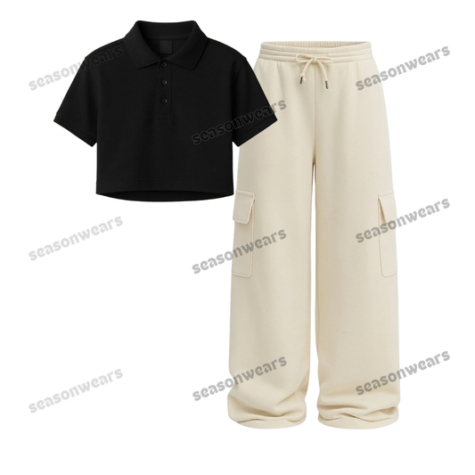 Crop Polo With Cream Wide Leg Cargo