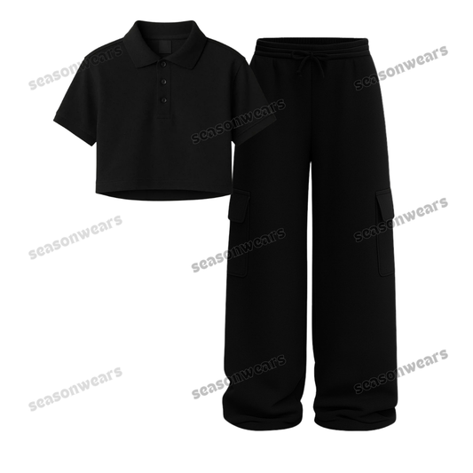Crop Polo With Black Wide Leg Cargo