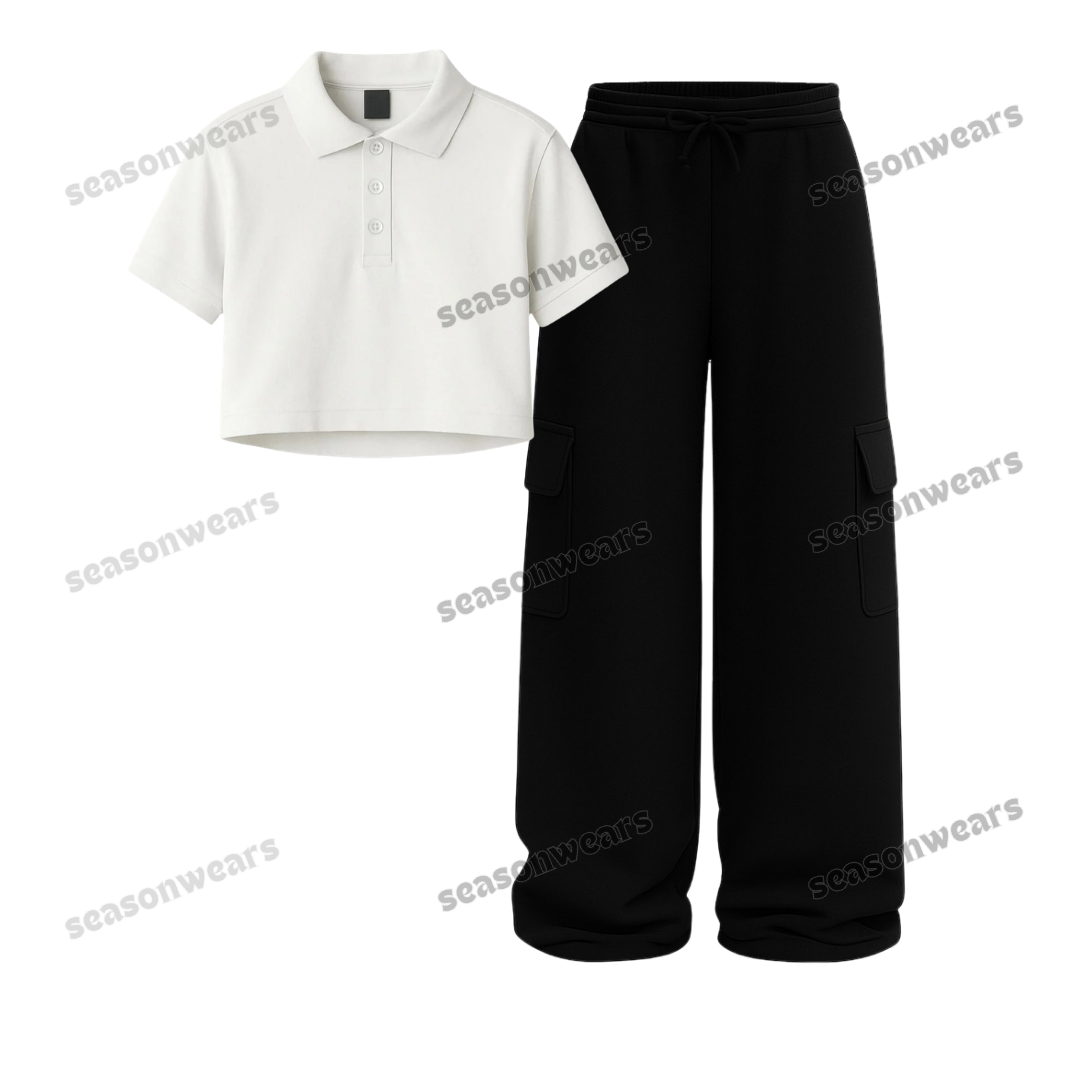 Crop Polo With Black Wide Leg Cargo