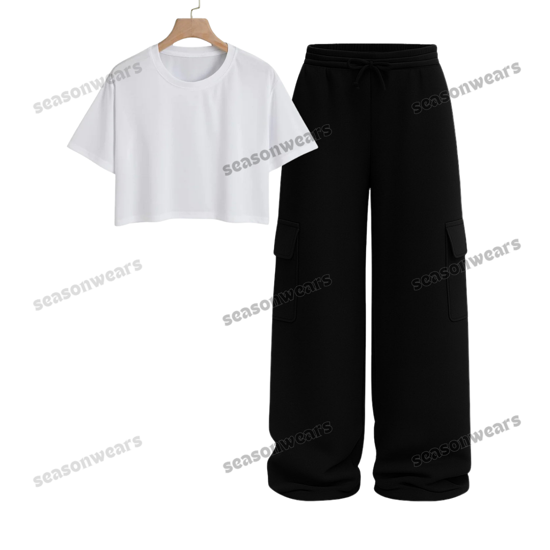 Crop Tee With Black Wide Leg Cargo