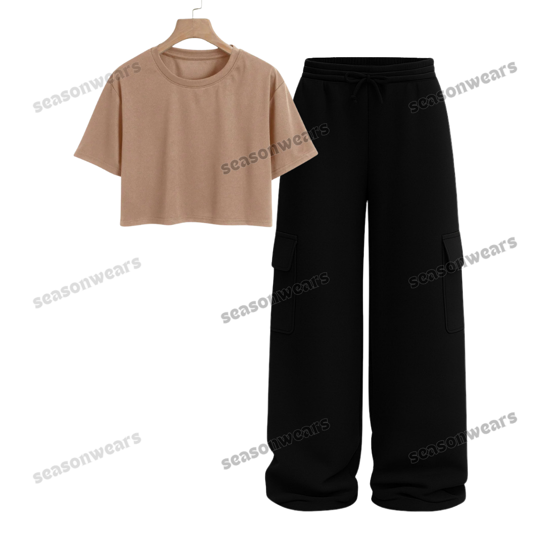 Crop Tee With Black Wide Leg Cargo