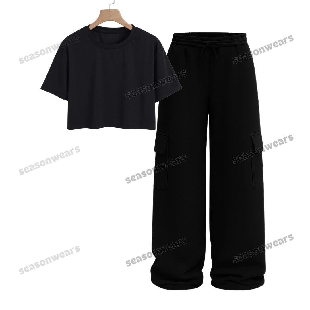 Crop Tee With Black Wide Leg Cargo