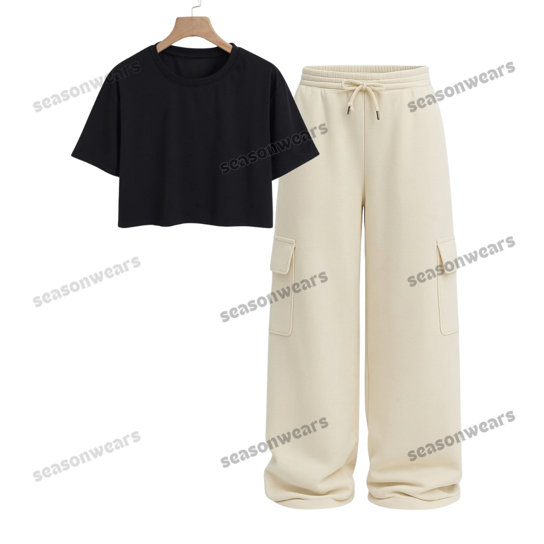 Crop Tee With Cream Wide Leg Cargo