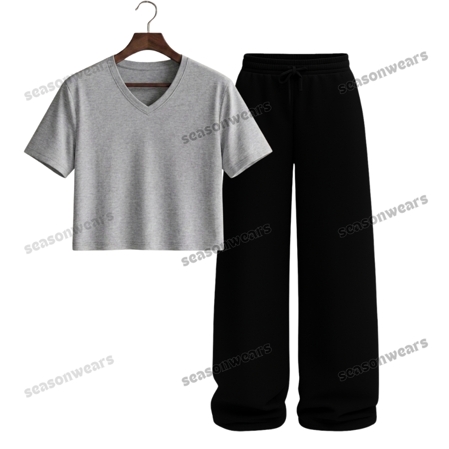 Crop V-Neck Tee With Black Wide Leg Trouser