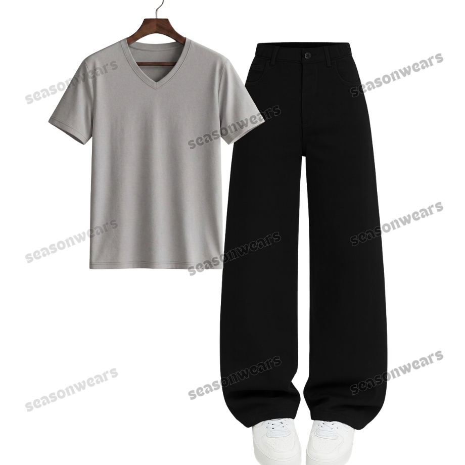 V-Neck Tee With Black Wide Leg Jeans