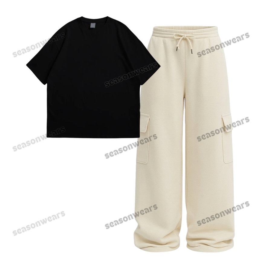 Oversize Drop Shoulder Tee With Cream Wide leg Cargo