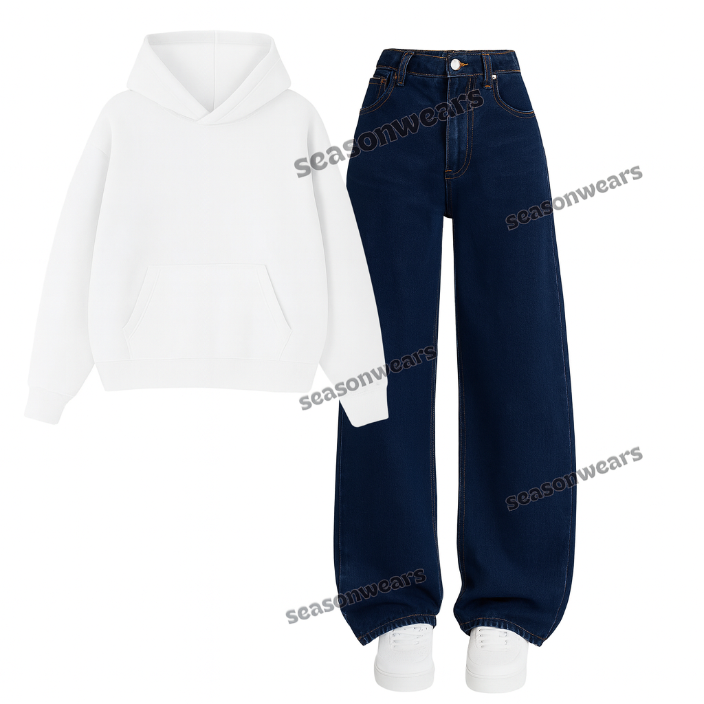 Dark Blue Wide Leg Jeans With Hoodie