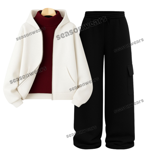 Straight Leg Cargo With White Zipper & Maroon Highneck