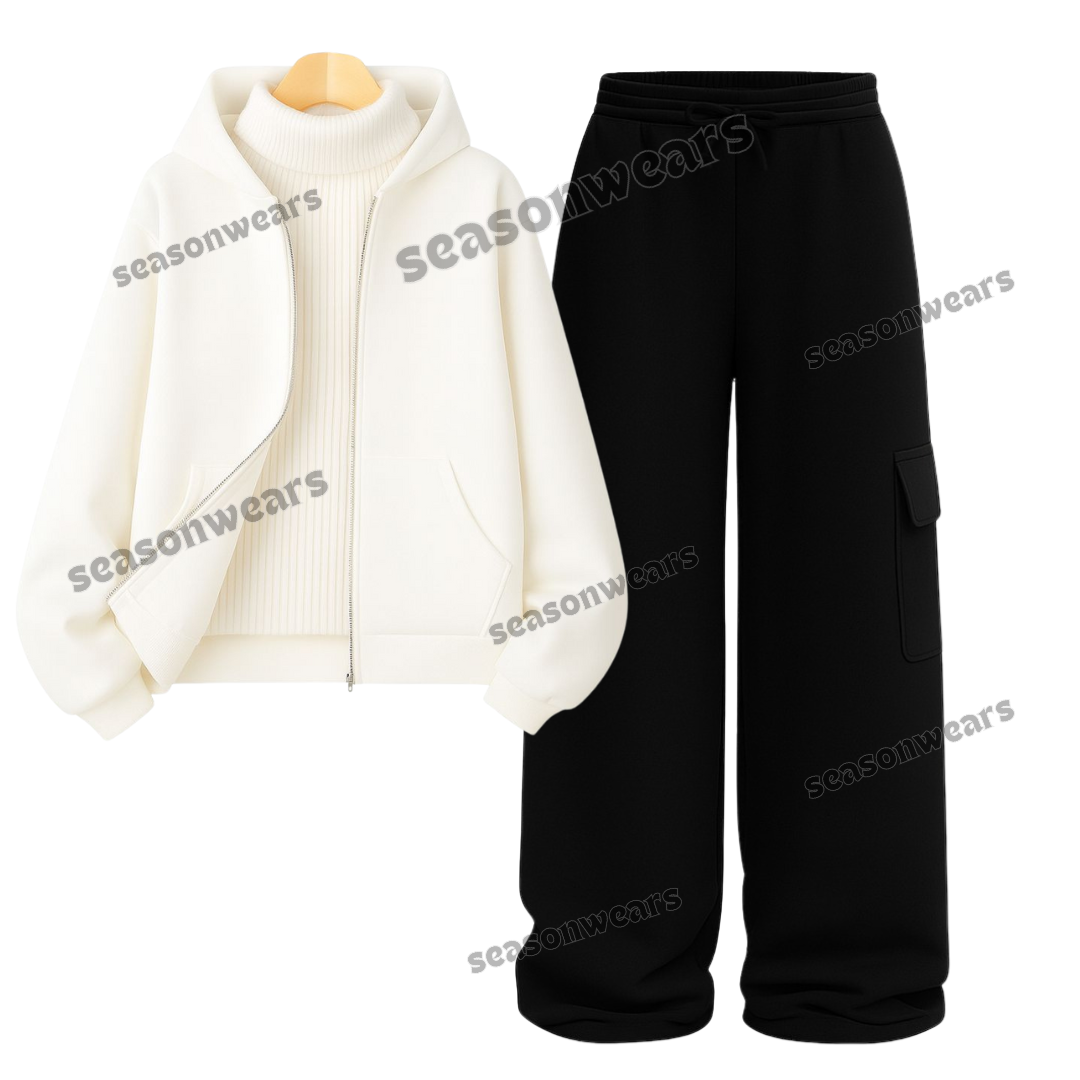 Straight Leg Cargo With White Zipper & White Highneck