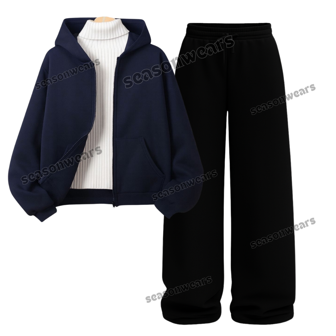 Straight Leg Trouser With NavyBlue Zipper & White Highneck