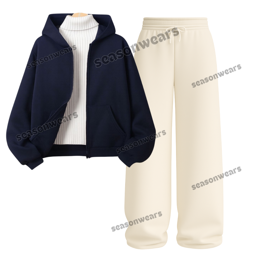 Straight Leg Trouser With NavyBlue Zipper & White Highneck
