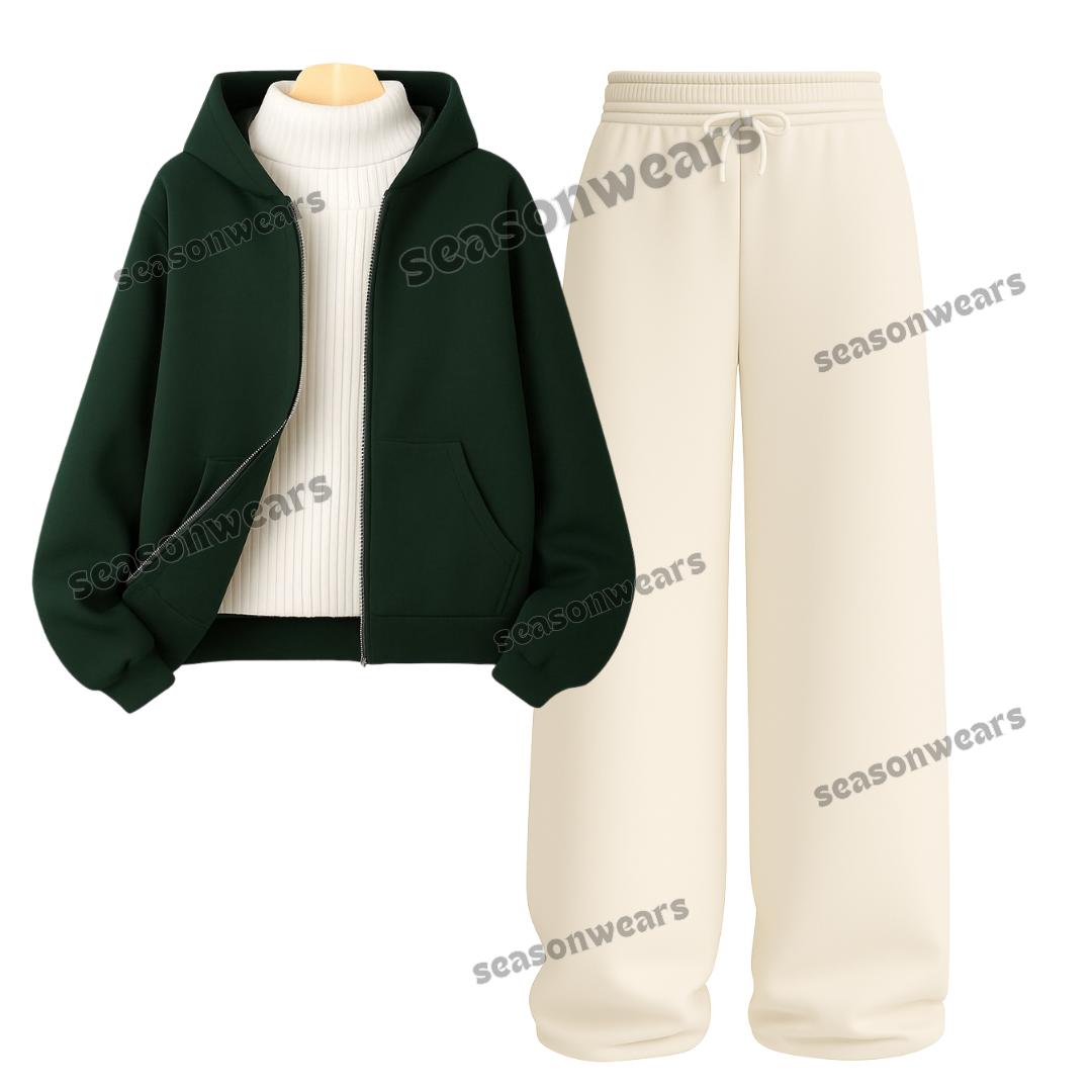 Straight Leg Trouser With Darkgreen Zipper & White Highneck