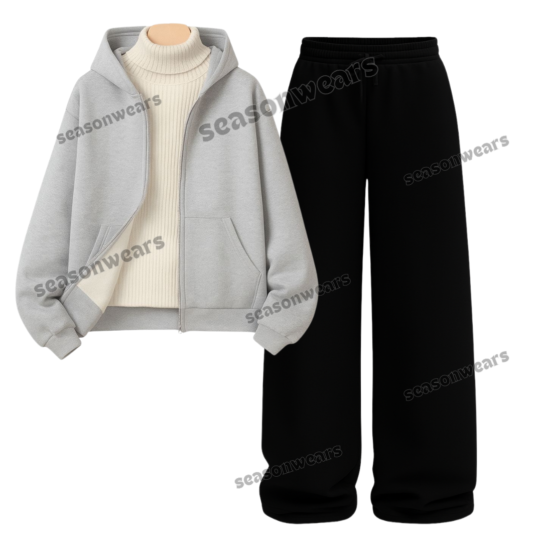 Straight Leg Trouser With Light grey Zipper & White Highneck