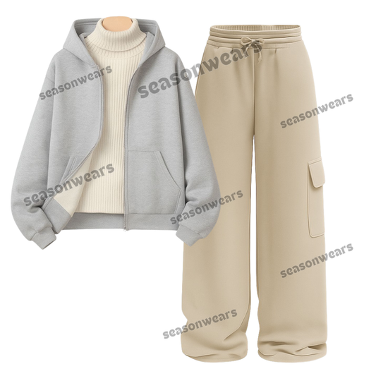 Straight Leg Cargo With Lightgrey Zipper & White Highneck