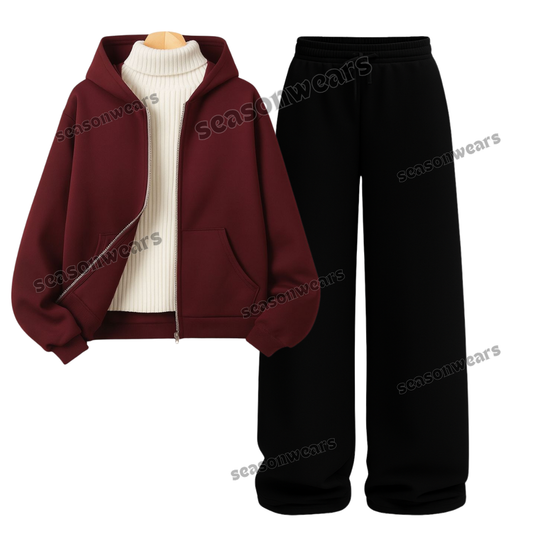 Straight Leg Trouser With Maroon Zipper & White Highneck