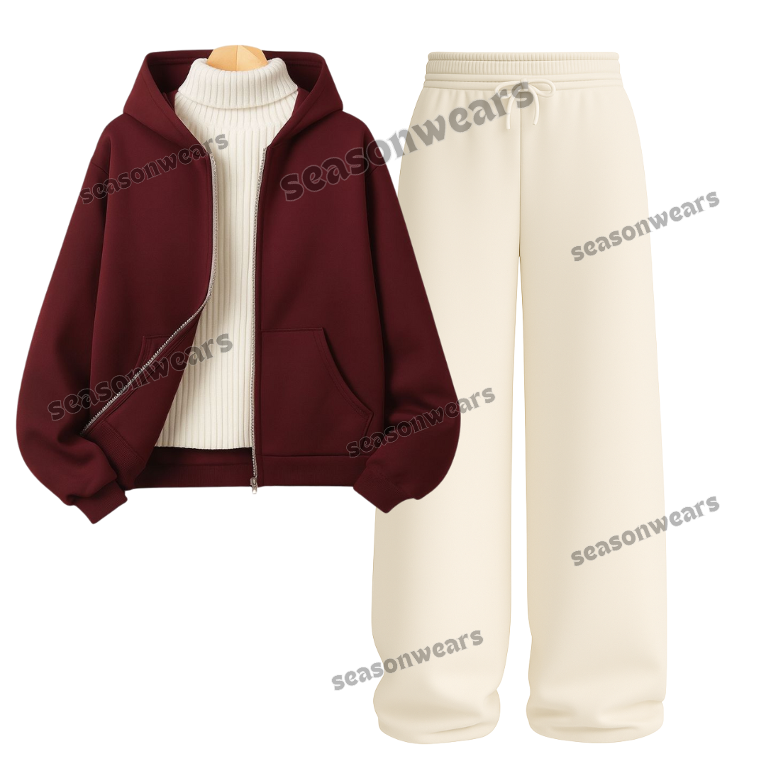 Straight Leg Trouser With Maroon Zipper & White Highneck