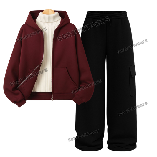 Straight Leg Cargo With Maroon Zipper & White Highneck
