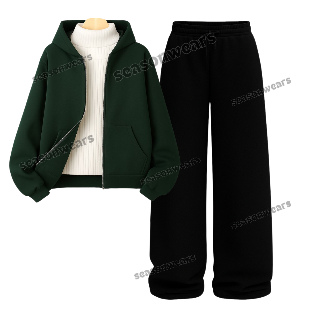 Straight Leg Trouser With Darkgreen Zipper & White Highneck