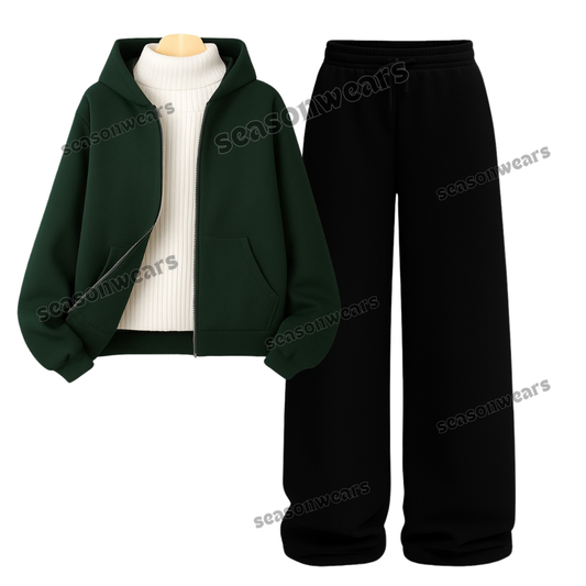Straight Leg Trouser With Darkgreen Zipper & White Highneck