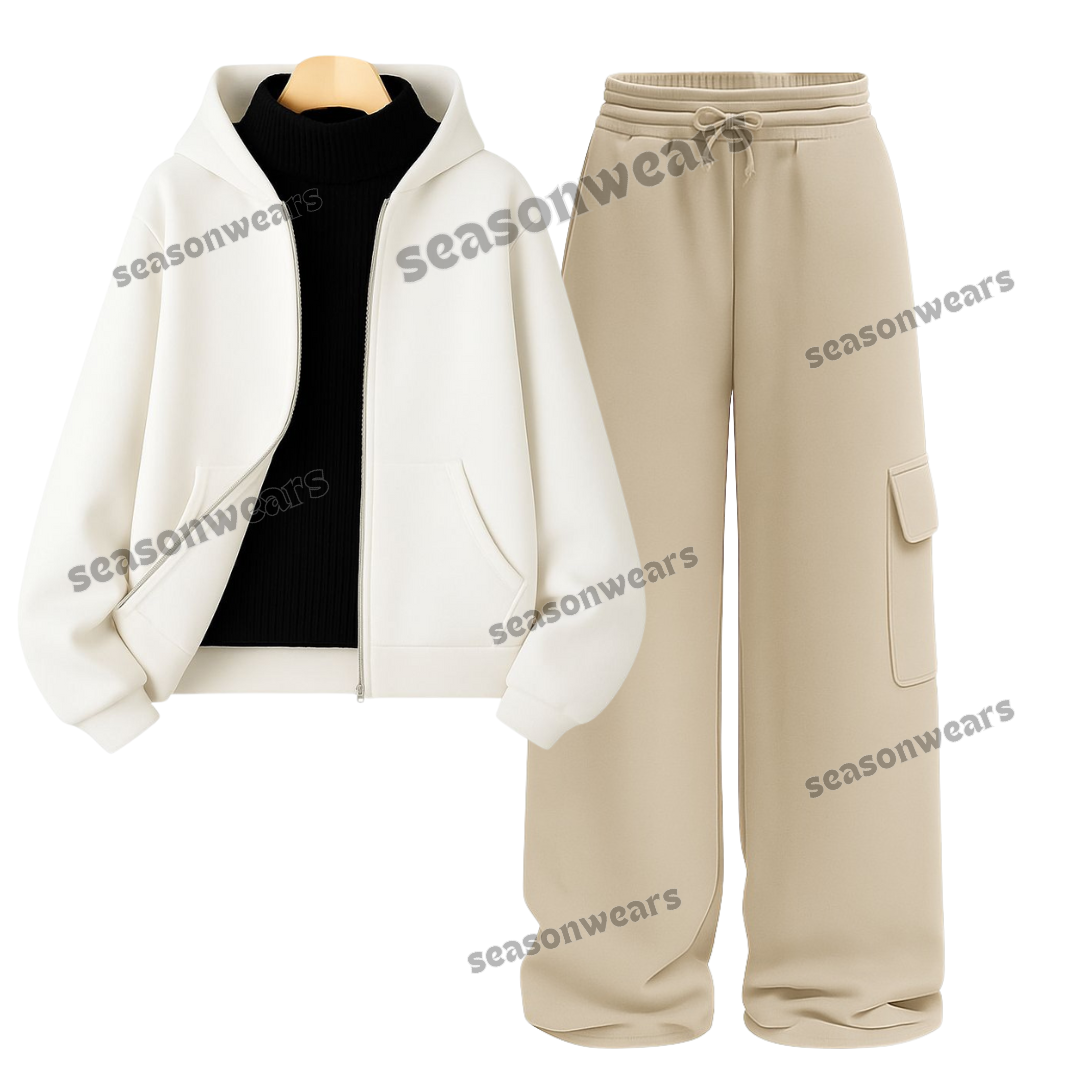 Straight Leg Cargo With White Zipper & Black Highneck