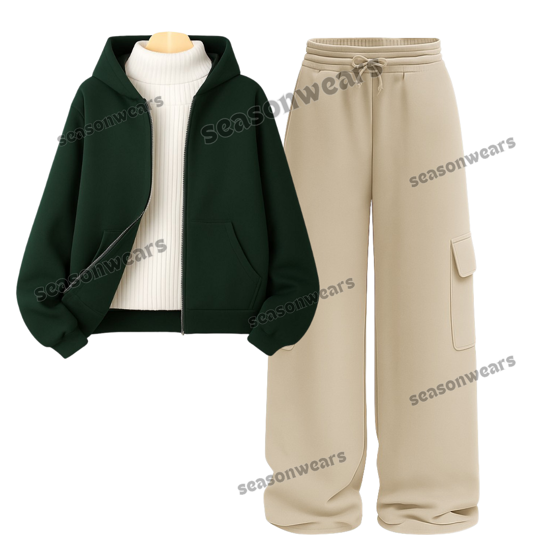 Straight Leg Cargo With DarkGreen Zipper & White Highneck